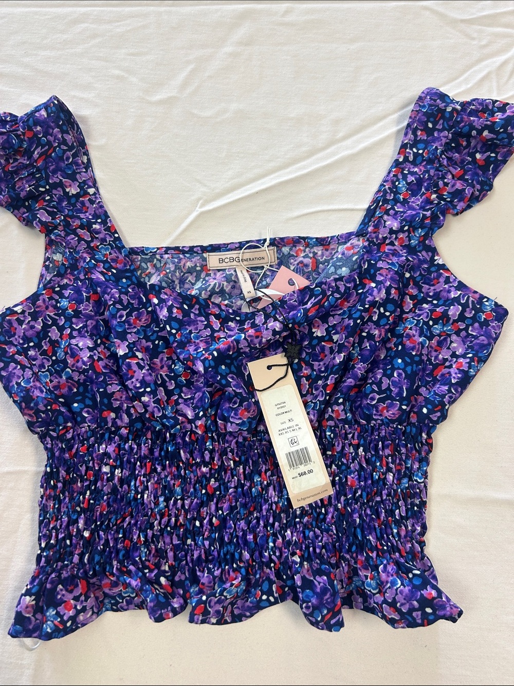 BCBGeneration Purple Floral Smocked Crop Top with Ruffle Straps